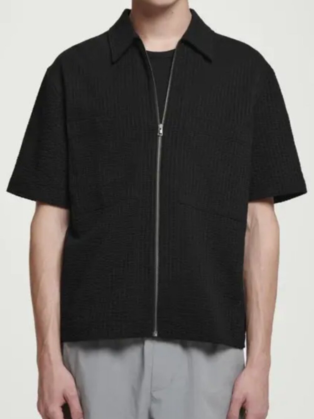 2/$100 NEW COS Relaxed Seersucker Cotton Black Short Sleeve Zip Up Shirt Jacket - Picture 3 of 8
